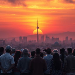 A dramatic image symbolizing the end of an era in Iran, featuring a silhouette of the Tehran skyline at sunset with the Azadi Tower prominently displayed