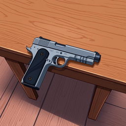 An anime-style illustration featuring a Colt 1911 handgun carefully placed on a brown wooden table, ensuring the entire table is visible and positioned on the floor