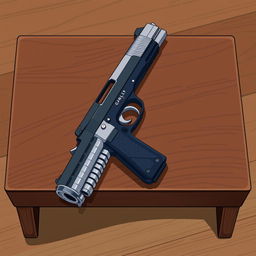 An anime-style illustration featuring a Colt 1911 handgun carefully placed on a brown wooden table, ensuring the entire table is visible and positioned on the floor