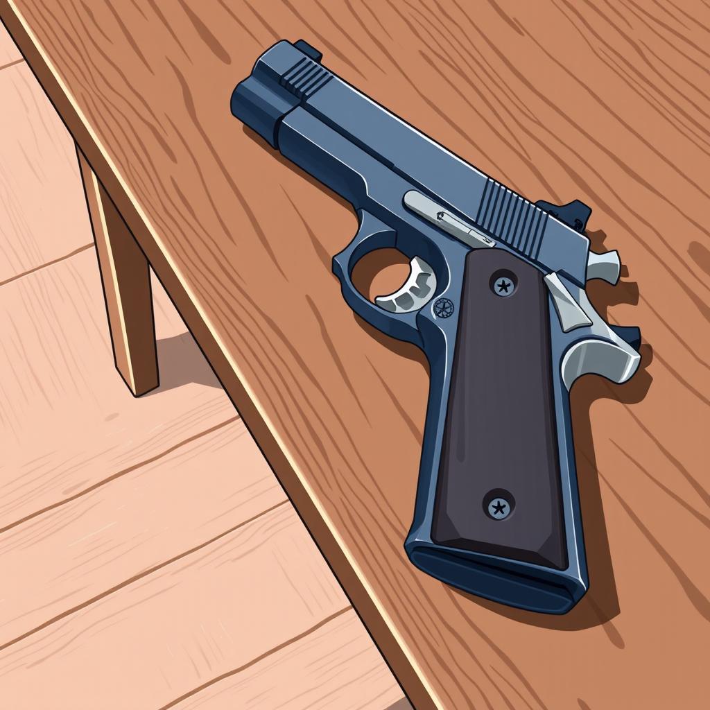 An anime-style illustration featuring a Colt 1911 handgun carefully placed on a brown wooden table, ensuring the entire table is visible and positioned on the floor