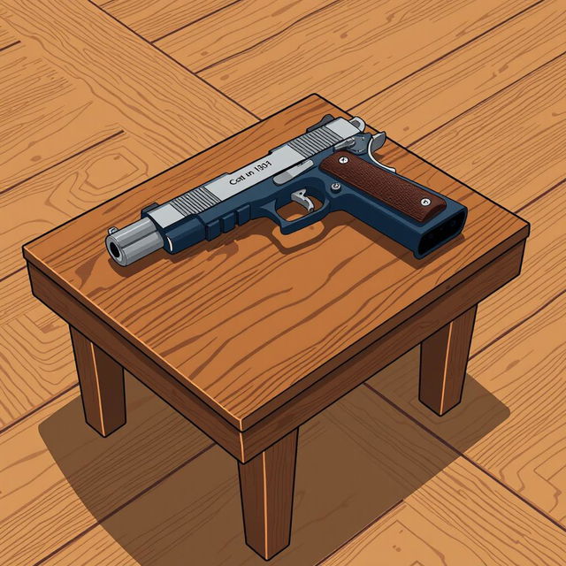 An anime-style illustration featuring a Colt 1911 handgun carefully placed on a brown wooden table, ensuring the entire table is visible and positioned on the floor