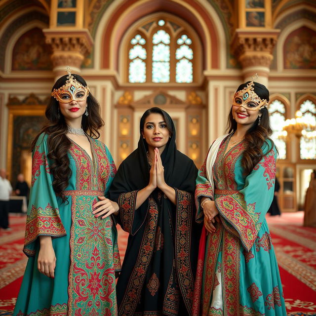 Three attractive American women wearing colorful and stylish Iranian masquerade attire, elegantly posed near a Molla, who is engaged in prayer