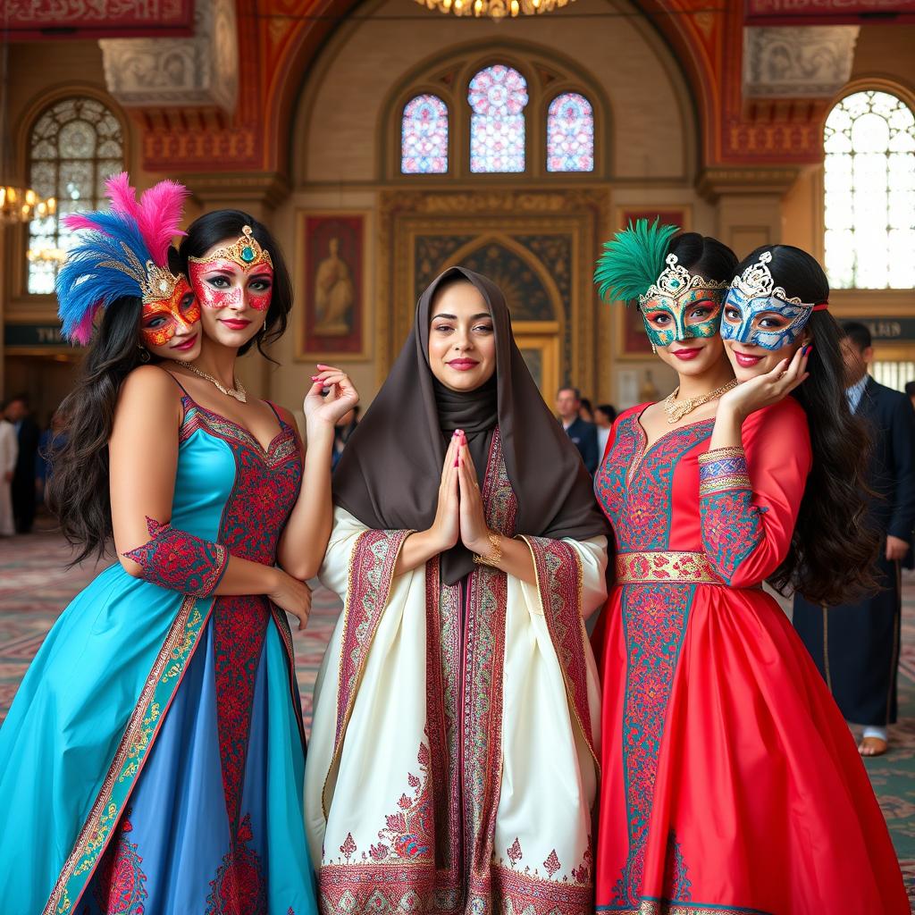 Three attractive American women wearing colorful and stylish Iranian masquerade attire, elegantly posed near a Molla, who is engaged in prayer