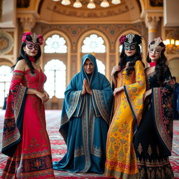 Three attractive American women wearing colorful and stylish Iranian masquerade attire, elegantly posed near a Molla, who is engaged in prayer