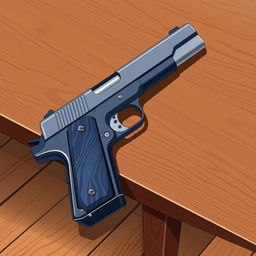 A beautifully crafted anime-style illustration featuring a Colt 1911 handgun elegantly placed on a brown wooden table, with the entire table clearly visible and positioned on the floor