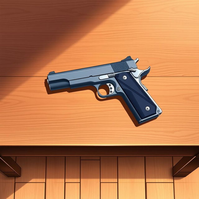 A beautifully crafted anime-style illustration featuring a Colt 1911 handgun elegantly placed on a brown wooden table, with the entire table clearly visible and positioned on the floor