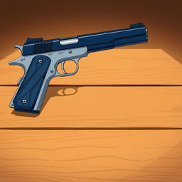 A beautifully crafted anime-style illustration featuring a Colt 1911 handgun elegantly placed on a brown wooden table, with the entire table clearly visible and positioned on the floor