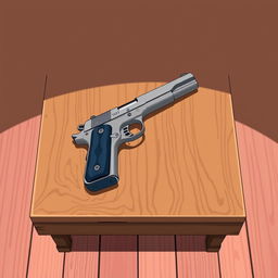 A beautifully crafted anime-style illustration featuring a Colt 1911 handgun elegantly placed on a brown wooden table, with the entire table clearly visible and positioned on the floor