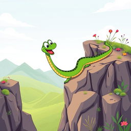 A colorful green cartoon snake character attempting to cross a cliff in a whimsical and adventurous scene