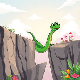 A colorful green cartoon snake character attempting to cross a cliff in a whimsical and adventurous scene