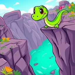 A colorful green cartoon snake character attempting to cross a cliff in a whimsical and adventurous scene