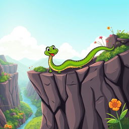 A colorful green cartoon snake character attempting to cross a cliff in a whimsical and adventurous scene