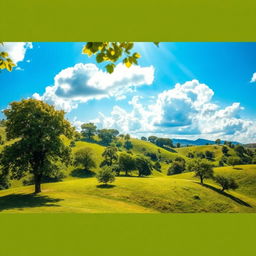 A serene background featuring a beautiful hilly landscape with lush green trees scattered across the hills