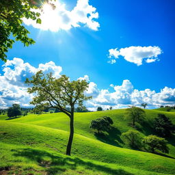 A serene background featuring a beautiful hilly landscape with lush green trees scattered across the hills