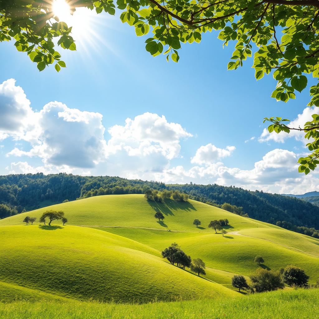 A serene background featuring a beautiful hilly landscape with lush green trees scattered across the hills