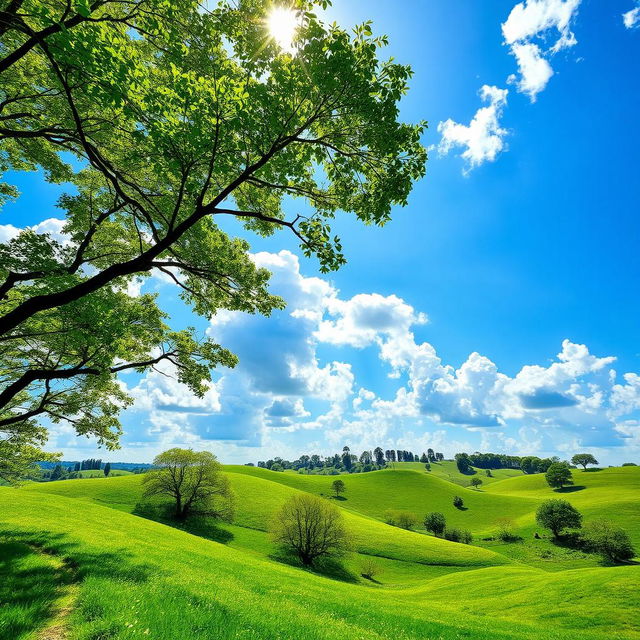 A serene background featuring a beautiful hilly landscape with lush green trees scattered across the hills