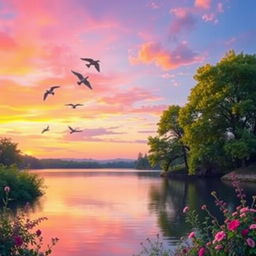 A serene landscape featuring a vibrant sunset sky painted with shades of orange, pink, and purple