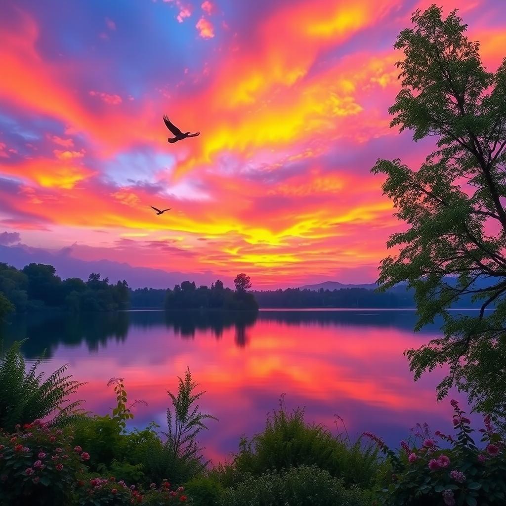 A serene landscape featuring a vibrant sunset sky painted with shades of orange, pink, and purple