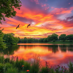 A serene landscape featuring a vibrant sunset sky painted with shades of orange, pink, and purple