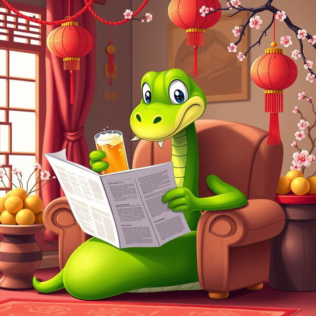 A green cartoon snake sitting comfortably in a cozy chair, reading a newspaper with a curious expression