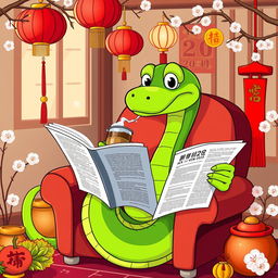 A green cartoon snake sitting comfortably in a cozy chair, reading a newspaper with a curious expression