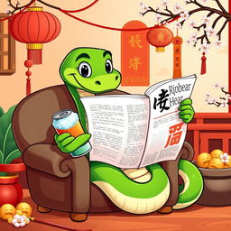 A green cartoon snake sitting comfortably in a cozy chair, reading a newspaper with a curious expression