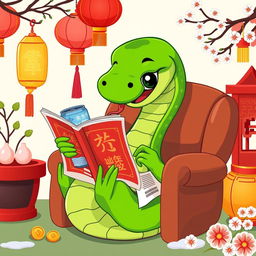 A green cartoon snake sitting comfortably in a cozy chair, reading a newspaper with a curious expression