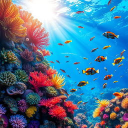 A vibrant underwater scene showcasing a colorful coral reef teeming with diverse marine life for an aquarium poster