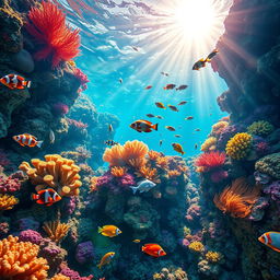 A vibrant underwater scene showcasing a colorful coral reef teeming with diverse marine life for an aquarium poster