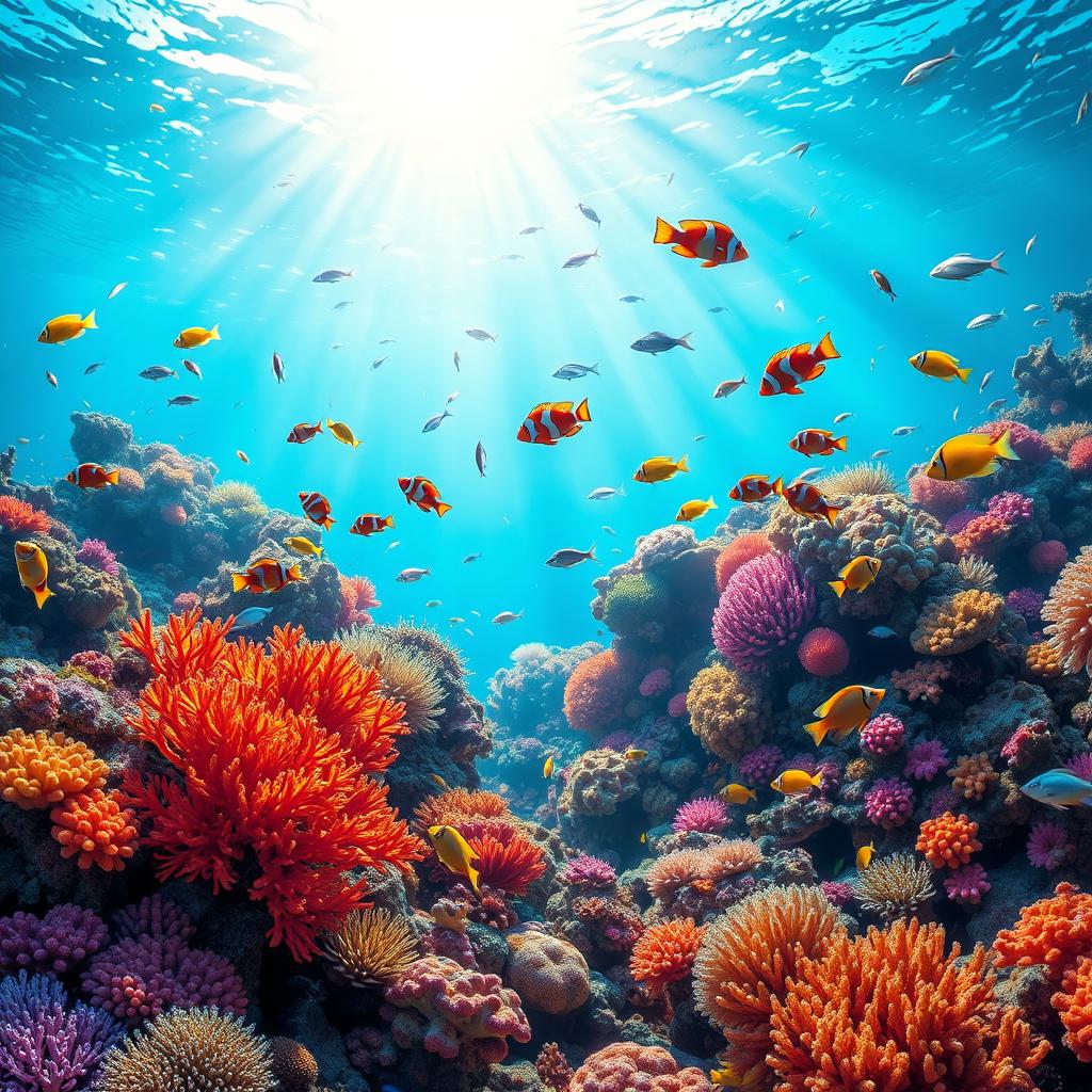 A vibrant underwater scene showcasing a colorful coral reef teeming with diverse marine life for an aquarium poster