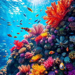 A vibrant underwater scene showcasing a colorful coral reef teeming with diverse marine life for an aquarium poster