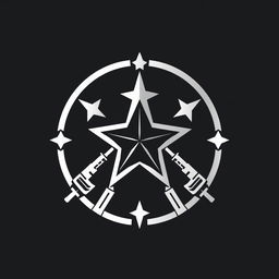 A sleek and modern logo design featuring a combination of star and weapon elements, with the overall shape being circular