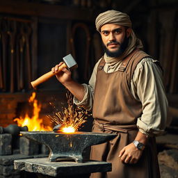 A medieval Arabian blacksmith standing on the right side of the image, looking directly into the camera with a focused expression