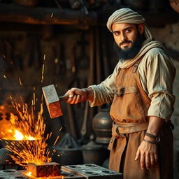 A medieval Arabian blacksmith standing on the right side of the image, looking directly into the camera with a focused expression