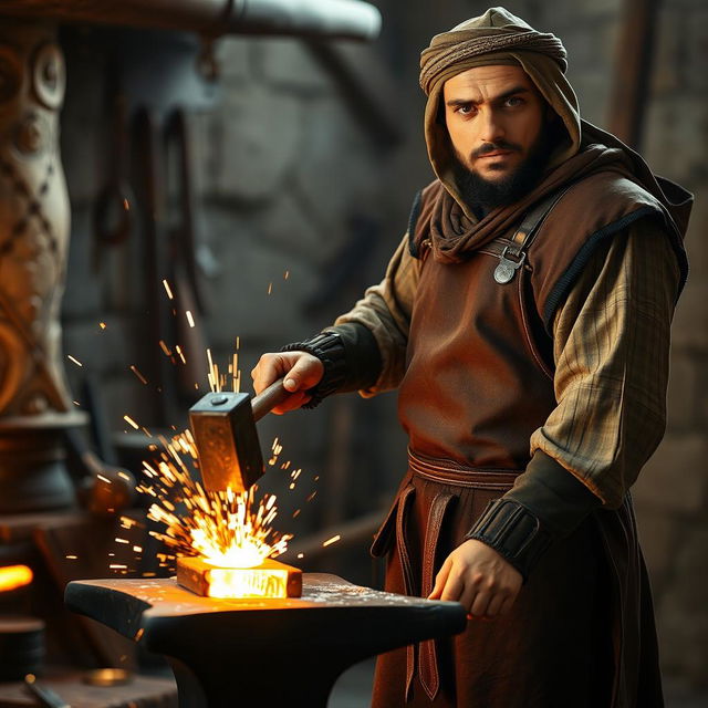 A medieval Arabian blacksmith standing on the right side of the image, looking directly into the camera with a focused expression