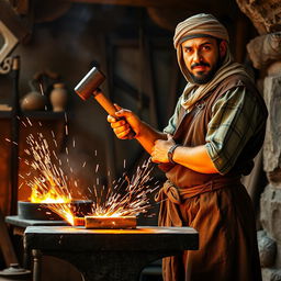 A medieval Arabian blacksmith standing on the right side of the image, looking directly into the camera with a focused expression