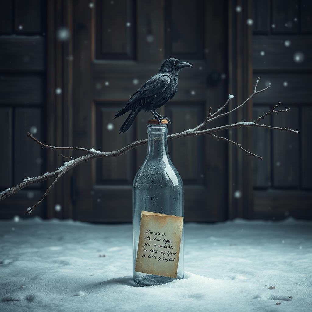 A winter scene depicting a glass bottle standing upright on the floor, with an old wooden door in the background