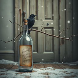 A winter scene depicting a glass bottle standing upright on the floor, with an old wooden door in the background