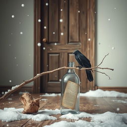 A winter scene depicting a glass bottle standing upright on the floor, with an old wooden door in the background