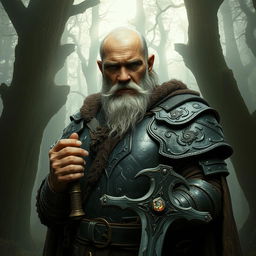 An old warrior clad in battle-worn armor, showcasing intricate designs and textures that reflect years of combat experience