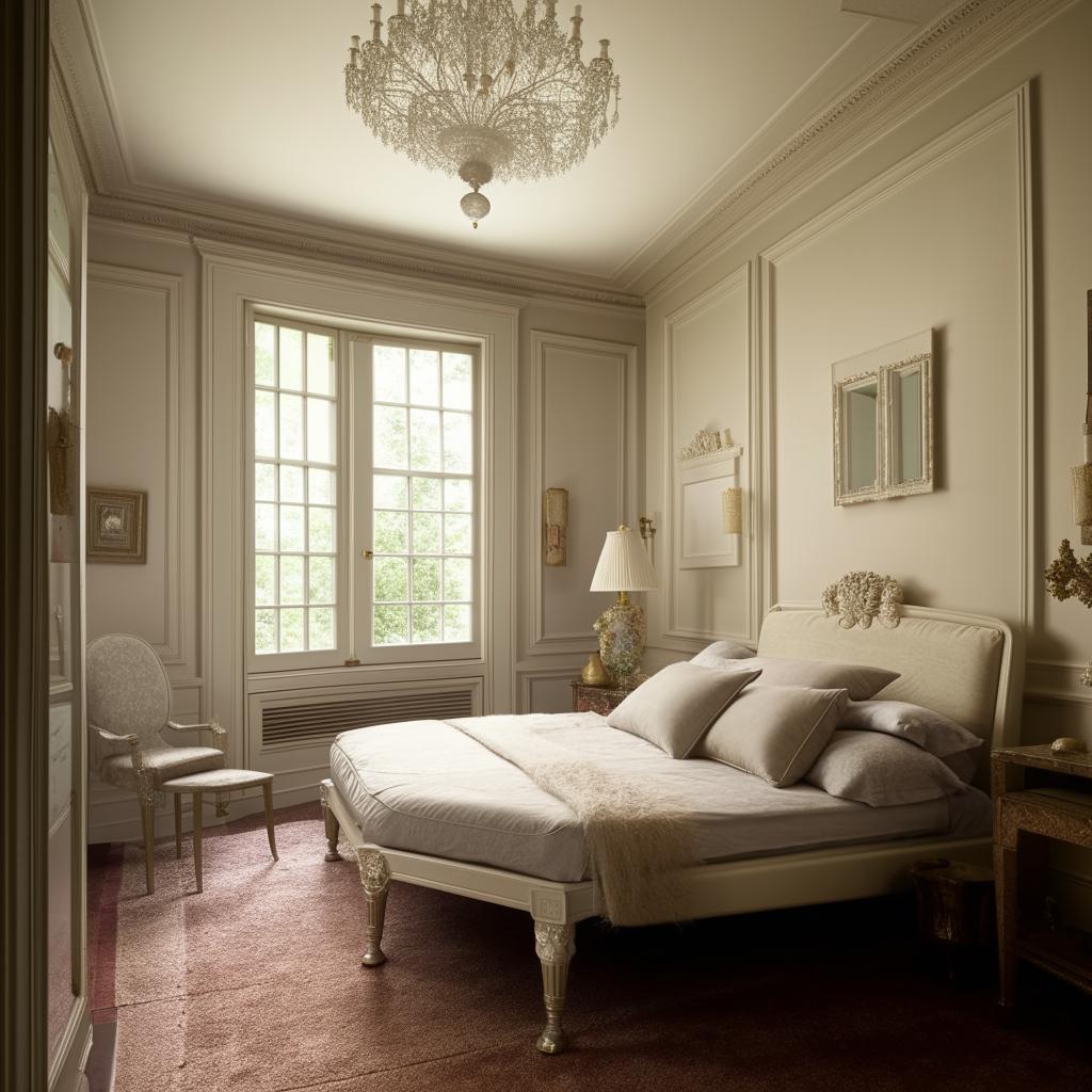 Neoclassical bedroom in an oddly shaped room with a small window, complete with aesthetic furniture and decor reflecting the style's elegance and simplicity.