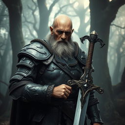 An old warrior clad in battle-worn armor, showcasing intricate designs and textures that reflect years of combat experience