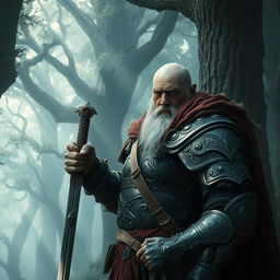 An old warrior clad in battle-worn armor, showcasing intricate designs and textures that reflect years of combat experience