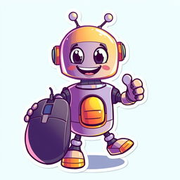 A whimsical and fun sticker design featuring a cartoonish robot joyfully holding a computer mouse in its hand