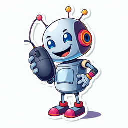 A whimsical and fun sticker design featuring a cartoonish robot joyfully holding a computer mouse in its hand