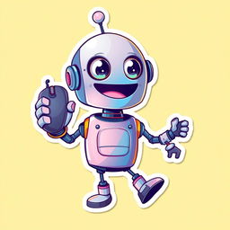 A whimsical and fun sticker design featuring a cartoonish robot joyfully holding a computer mouse in its hand