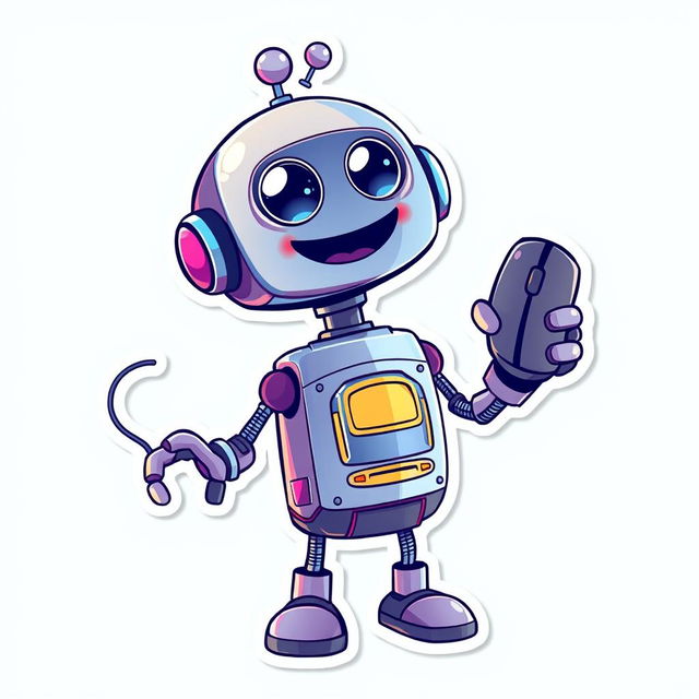 A whimsical and fun sticker design featuring a cartoonish robot joyfully holding a computer mouse in its hand