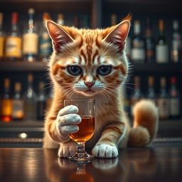 A sad cat sitting at a bar, holding a small glass filled with alcohol
