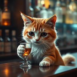 A sad cat sitting at a bar, holding a small glass filled with alcohol