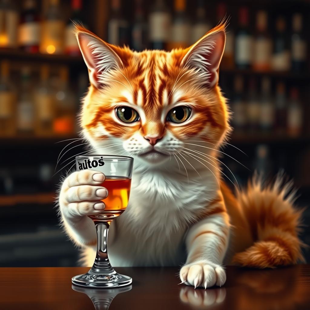 A sad cat sitting at a bar, holding a small glass filled with alcohol